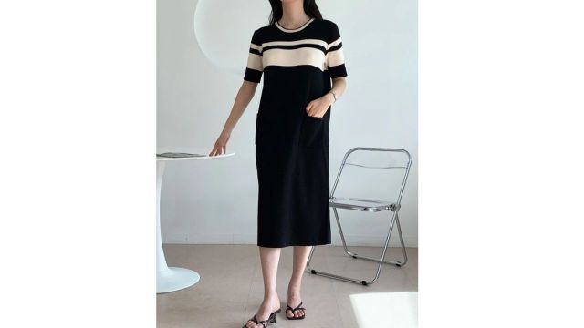 Miss M 2 Side Pocket Stripe Oversize Knitted Dress