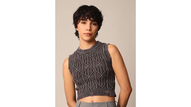 ONLY Fringed Women Self Design Fringed Tank Crop Top