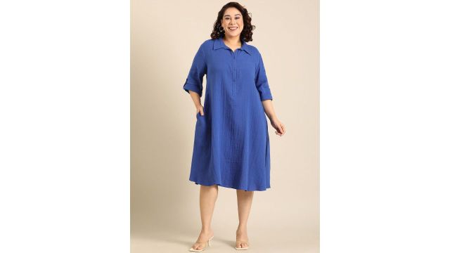 The Pink Moon Women Cotton Midi Cobalt Shirt Dress