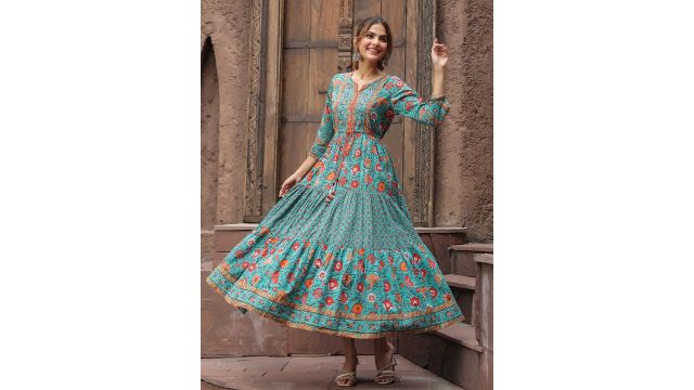 Rain & Rainbow Women Green & Red Ethnic Pure Cotton A-Line Midi Dress