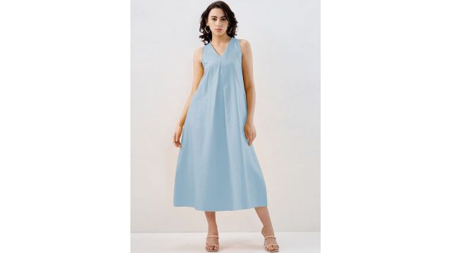 SNEHA B Women Powder Blue Cotton Box Pleated V-Neck Sleeveless Midi Dress