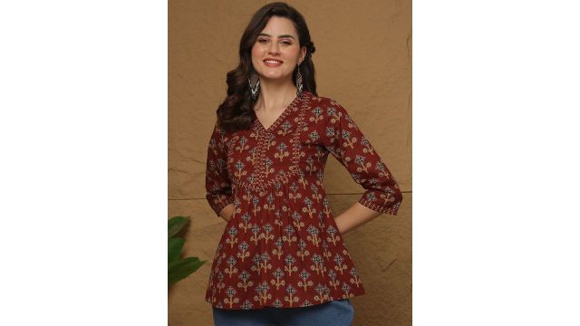 SZN Women Ethnic Motifs Print Cotton Peplum Regular Top