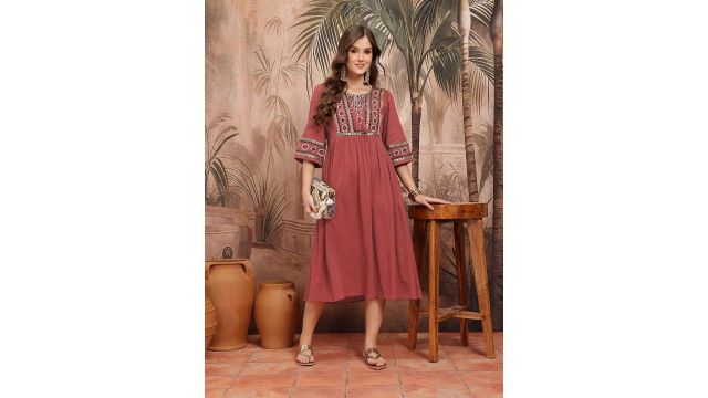 Sangria Embroidered Cotton Maxi Ethnic Dress