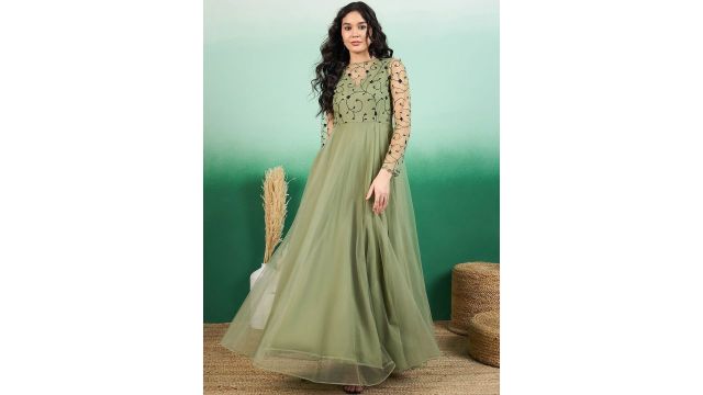 Sangria Women Floral Thread and Sequinned Embroidered Maxi Ethnic Dress