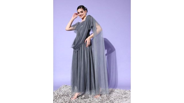 U&F Grey Solid Net Maxi Dress