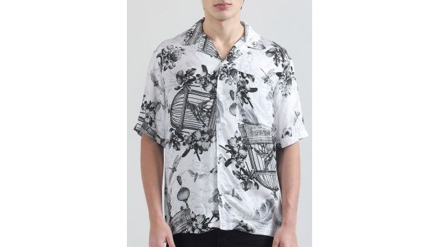 Versace Jeans Couture Men White Cage Print Revere Collar Shirt
