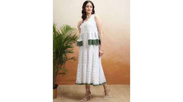 Vishudh Women Ethnic Motifs Printed Fit & Flare Midi Ethnic Dress With Jacket