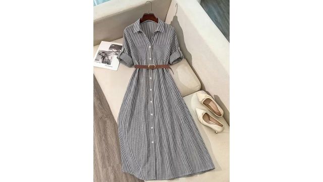 striped long-sleeve belted shirt dress