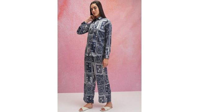 Tokyo Talkies Blue Floral Printed Shirt & Wideleg Trousers Co-Ords Set