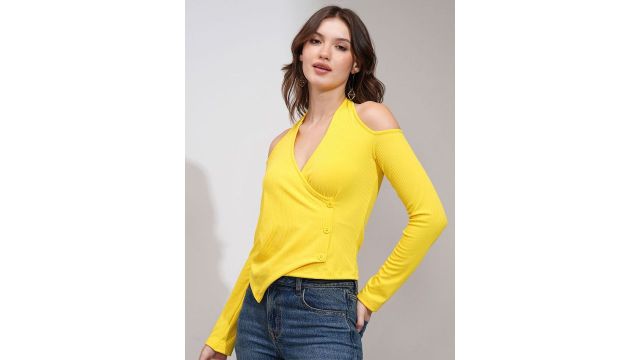 Tokyo Talkies Women Ribbed Halter Neck Overlap Top