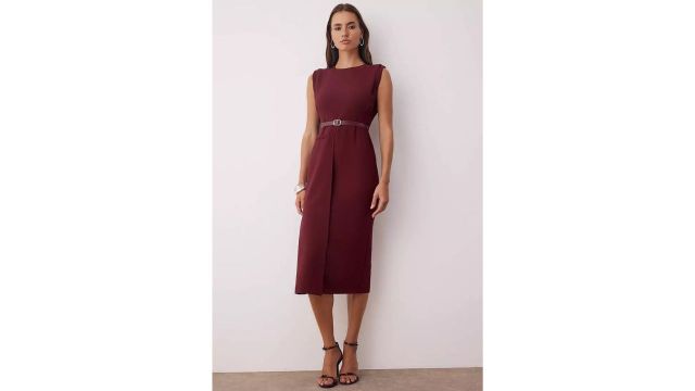 Trendyol Burgundy Belt Detailed Woven Midi Dress