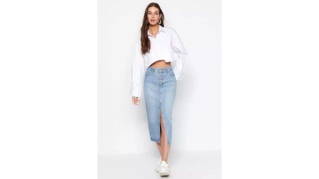 Trendyol Denim Skirt with Buttons and Slits