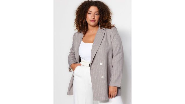 Trendyol Plus Size Striped Longline Double-Breasted Longline Blazer