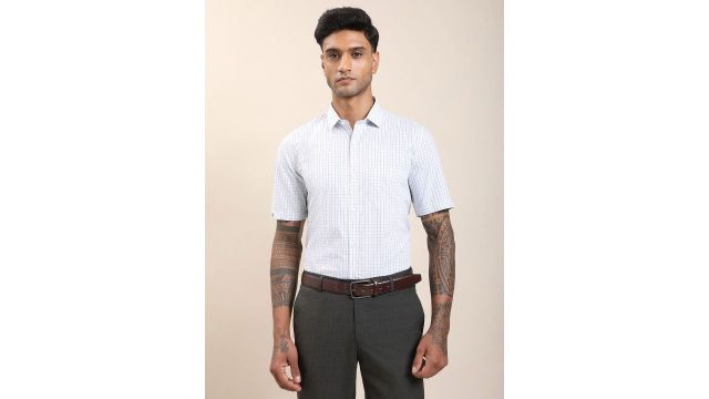 Turtle Men Standard Fit Grid Tattersall Checked Spread Collar Cotton Formal Shirt
