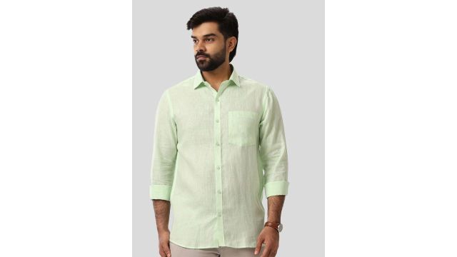UATHAYAM Spread Collar Roll-Up Sleeves Slim Fit Pure Linen Formal Shirt