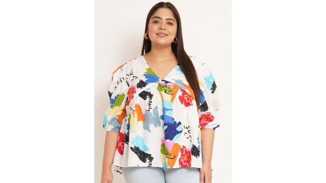 U&F Beyond Plus Size Printed V-Neck Puff Sleeve Empire Casual Top