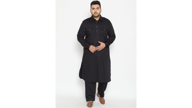 VASTRAMAY Men Plus Size Black Pathani Kurta with Salwar