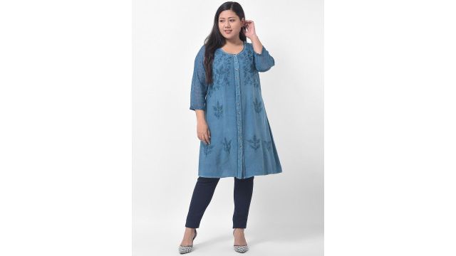 VELDRESS Women Plus Size Blue Embroidered Denim Longline Top