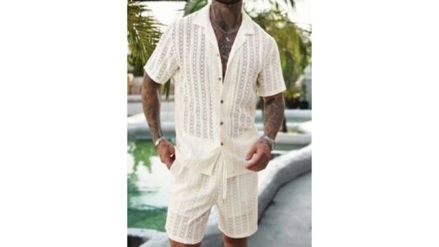 VENTUSAIL 2 Pcs/Set Men's Solid Color Button-Down Hollow Shirt And Shorts Set