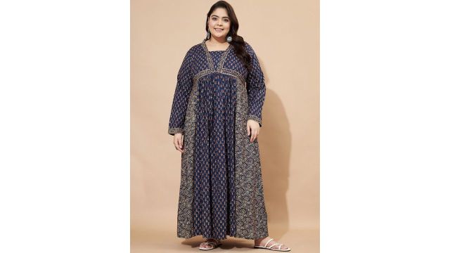 Vbuyz Plus Floral Printed Square Neck Cotton Maxi Ethnic Dress