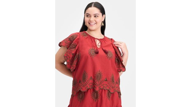 Virgio Plus Size Cotton Tie-Up Neck Schiffli Embroidered Top