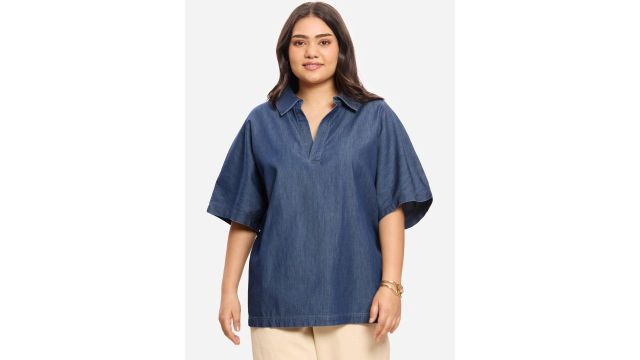 Virgio Solid Cotton Denim Shirt Collar Short Sleeves Plus Size Top