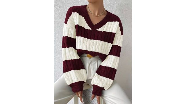 Women'S Vintage Wine Red Chunky Striped Sweater