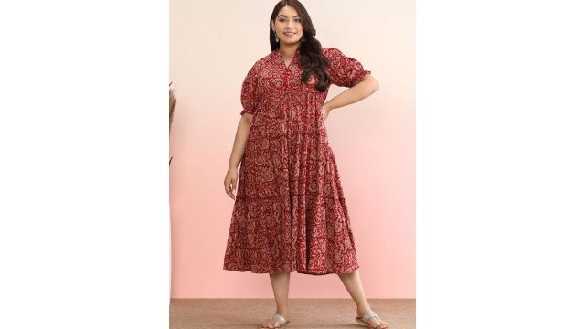 anayna Ethnic Motif Cotton Puff Sleeve Empire Plus Size Midi Dress