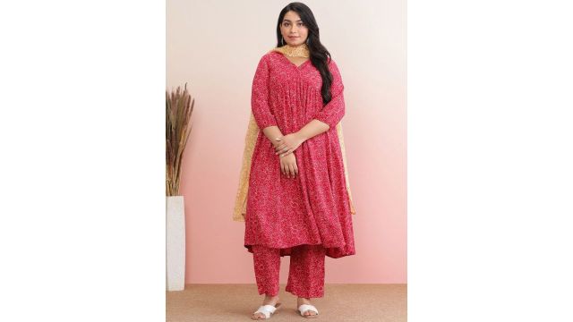 anayna Plus Size Floral Printed Empire Kurta With Trousers & Dupatta