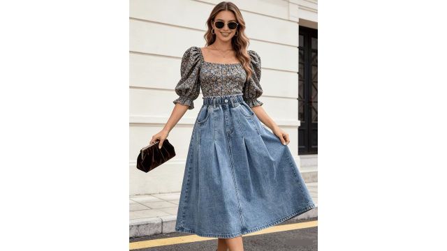 2026 Spring Autumn Retro Washed Denim Midi Skirt