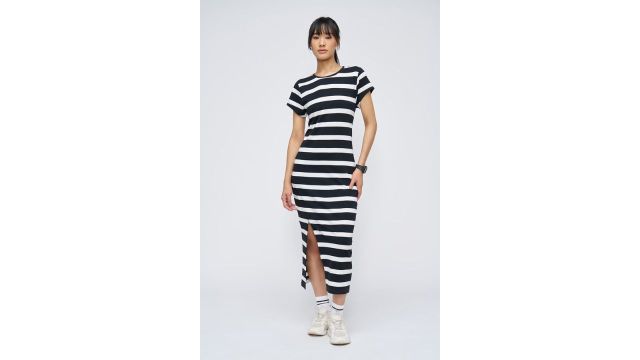 AJILE Black and White Striped Bodycon Maxi Dress with Slit