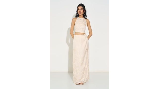 AKKRITI Off White Halter Neck Embroidered Top & Slit Skirt Set