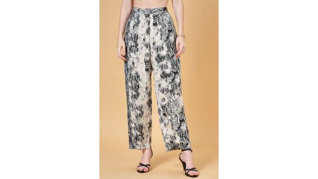 ANNABELLE Light Grey Printed Full Length High Rise Formal Women Relaxed Fit Trousers