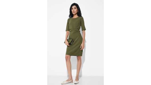 ANNABELLE Olive Solid Bodycon Dress with Waist Detail