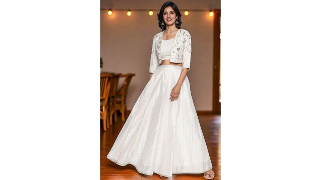 AURELIA White Embroidered Boat Neck Top Skirt and Jacket Set