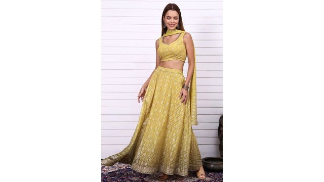 AURELIA Yellow Printed Sweetheart Neck Top Skirt and Dupatta Set