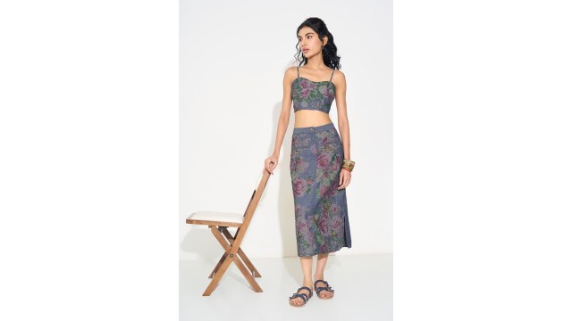 Akkriti Indigo Floral Cross-Stitch Print Midi Skirt