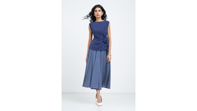 Annabelle Blue Herringbone Stripe Flared Midi Skirt