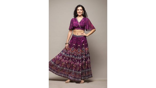 BIBA Purple Print Full Length Ethnic Women Skirt Top Set