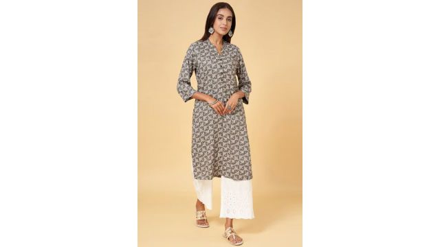 Charcoal Print Casual Mandarin Kurta
