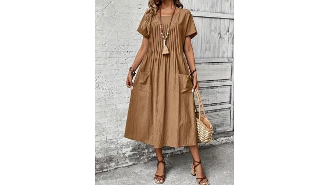 Elegant Directional Front Pleated Patch Pocket Batwing Sleeve Dress