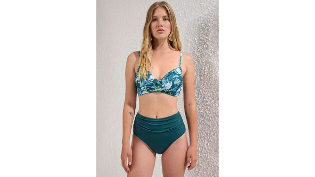 Floral Pattern Draped Triangle Covered Hipster High Waisted Bikini Set