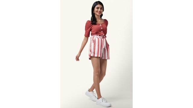 HONEY Rust Textured Mid-Thigh Length High Rise Casual Women Relaxed Fit Shorts