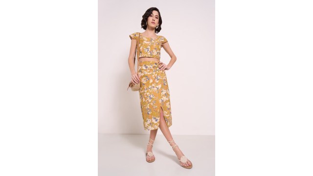 Honey Yellow Printed Midi Skirt