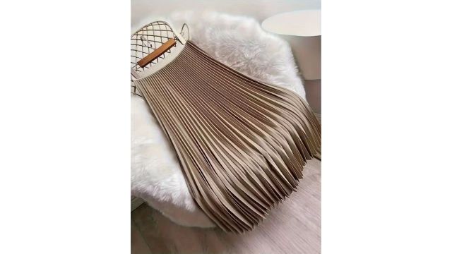 Khaki Satin Pleated Midi Skirt for Women