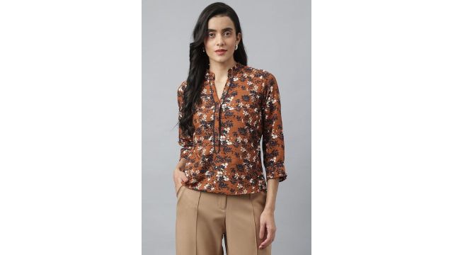 LATIN QUARTERS Brown Printed Casual Three-Quarter Sleeves Mandarin Collar Women Regular Fit Top