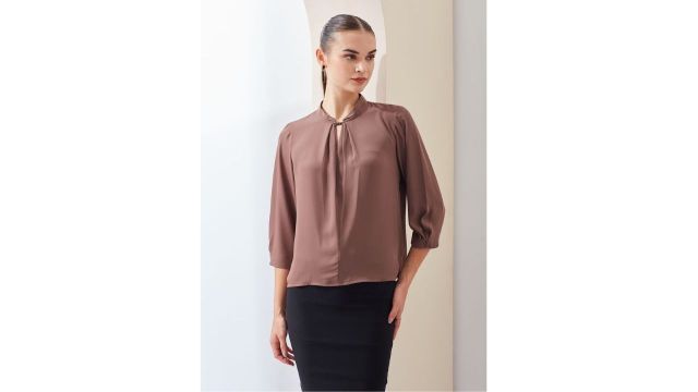 LATIN QUARTERS Brown Solid Casual Three-Quarter Sleeves Mandarin Collar Women Regular Fit Top