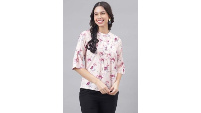 LATIN QUARTERS Pink Printed Casual Three-Quarter Sleeves Mandarin Collar Women Regular Fit Top