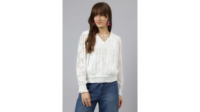 LATIN QUARTERS White Textured Casual Full Sleeves V-Neck Women Regular Fit Top