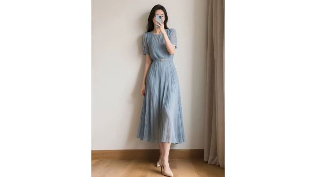 Ladies Dress, Fashion Temperament Pleated Solid Color